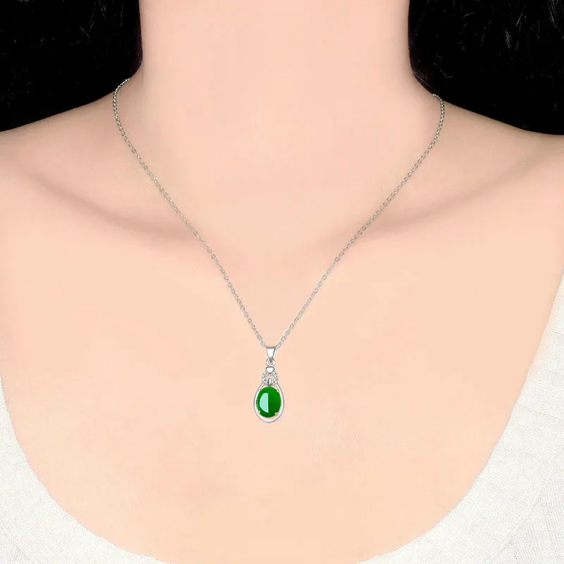 Популярные 925 серебро Овальный зеленый нефрит кулон ожерелье халцедон агата Шарм