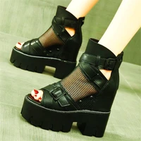 punk goth sandals womens cow leather gladiators platform wedge summer ankle boots high heels open toe party pumps shoes