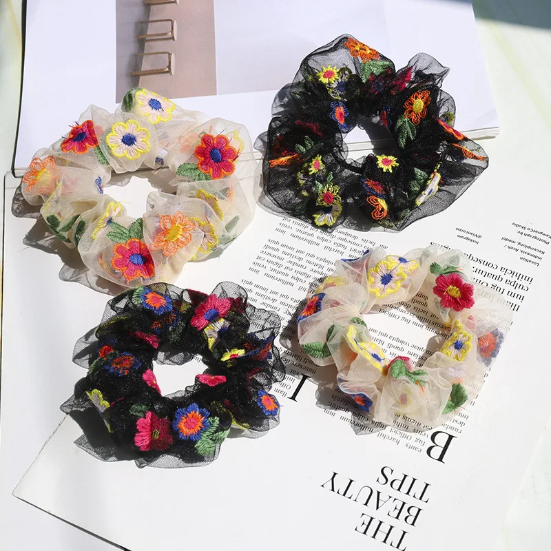 

Корейская Лидер продаж, одежда сетчатая с вышивкой цветы, кружевная завязка для волос, женские эластичные резинки в стиле ретро