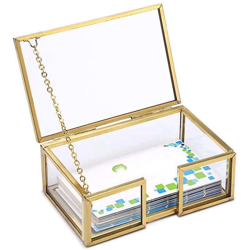 

1Pc Creative Transparent Desktop Business Card Holder Brass Glass Display Stand Office Supplies