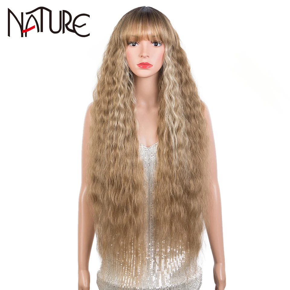 

Nature Wig Water Wave Fake Hair Bangs Lolita Cosplay Wig 36 Inch Ombre Brown Pink Heat Resistant Fiber Synthetic Wigs For Women