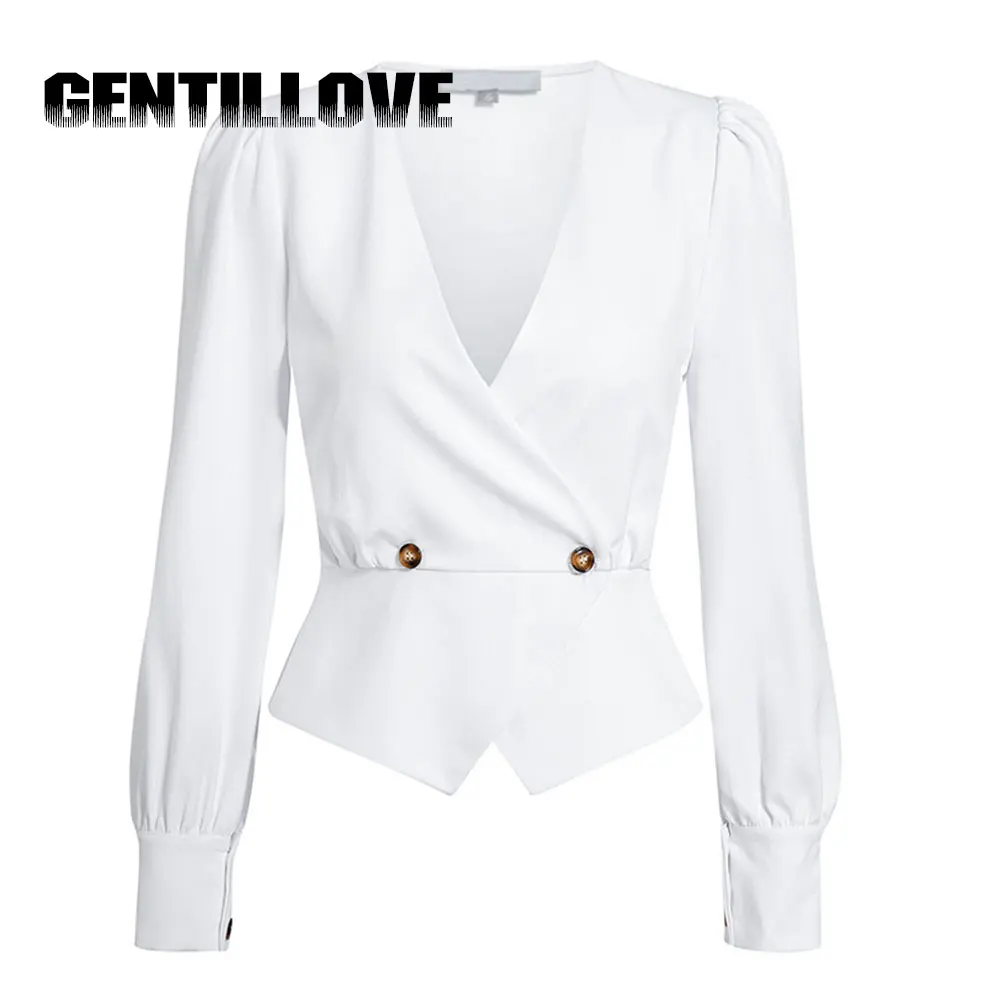 Блузка женская однотонная с V-образным вырезом и длинным рукавом | Женская одежда