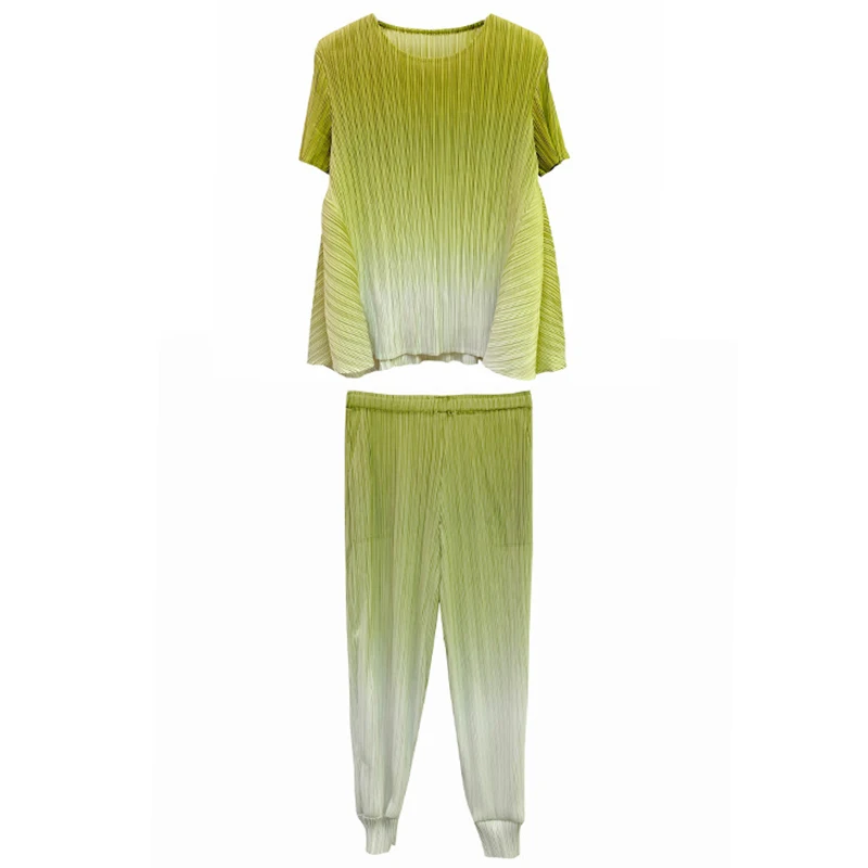

GALCAUR Tie Dye Two Piece Set For Women O Neck Short Sleeve Hit Color Top High Waist Pant Female 2021 New Sets Female 2021 Tide