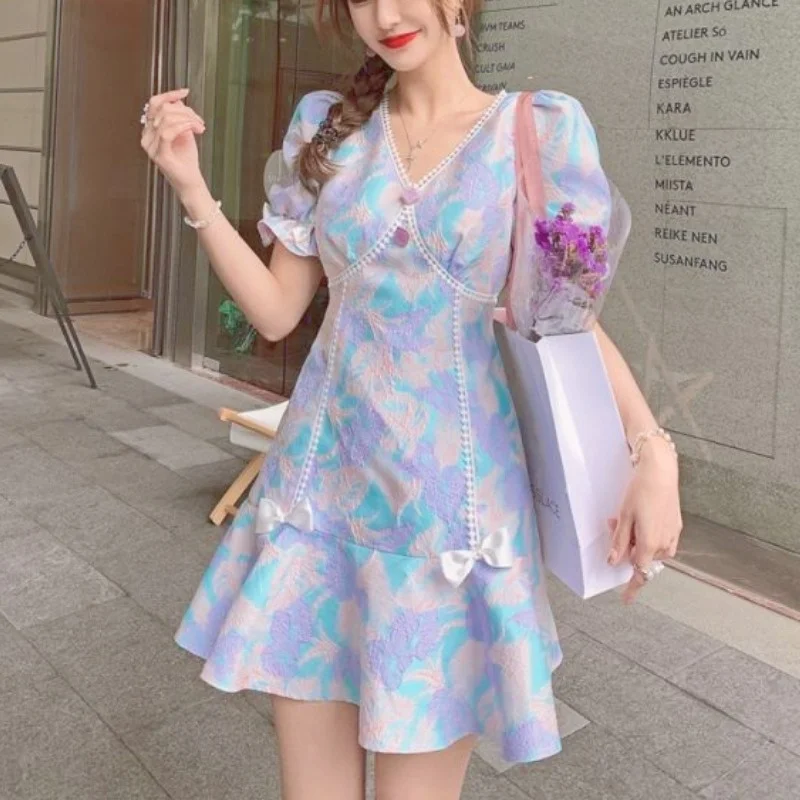

Summer 2021 Kawaii Sweet Print Mini Dress Women Elegant Designer V-neck Short Sleeve Korean Clothing Outdoor Holiday Bow Dresses