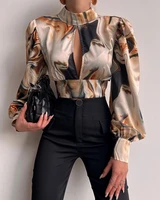 spring women abstract print cutout backless top 2022 femme casual lantern sleeve cut out blouse office lady outfits y2k