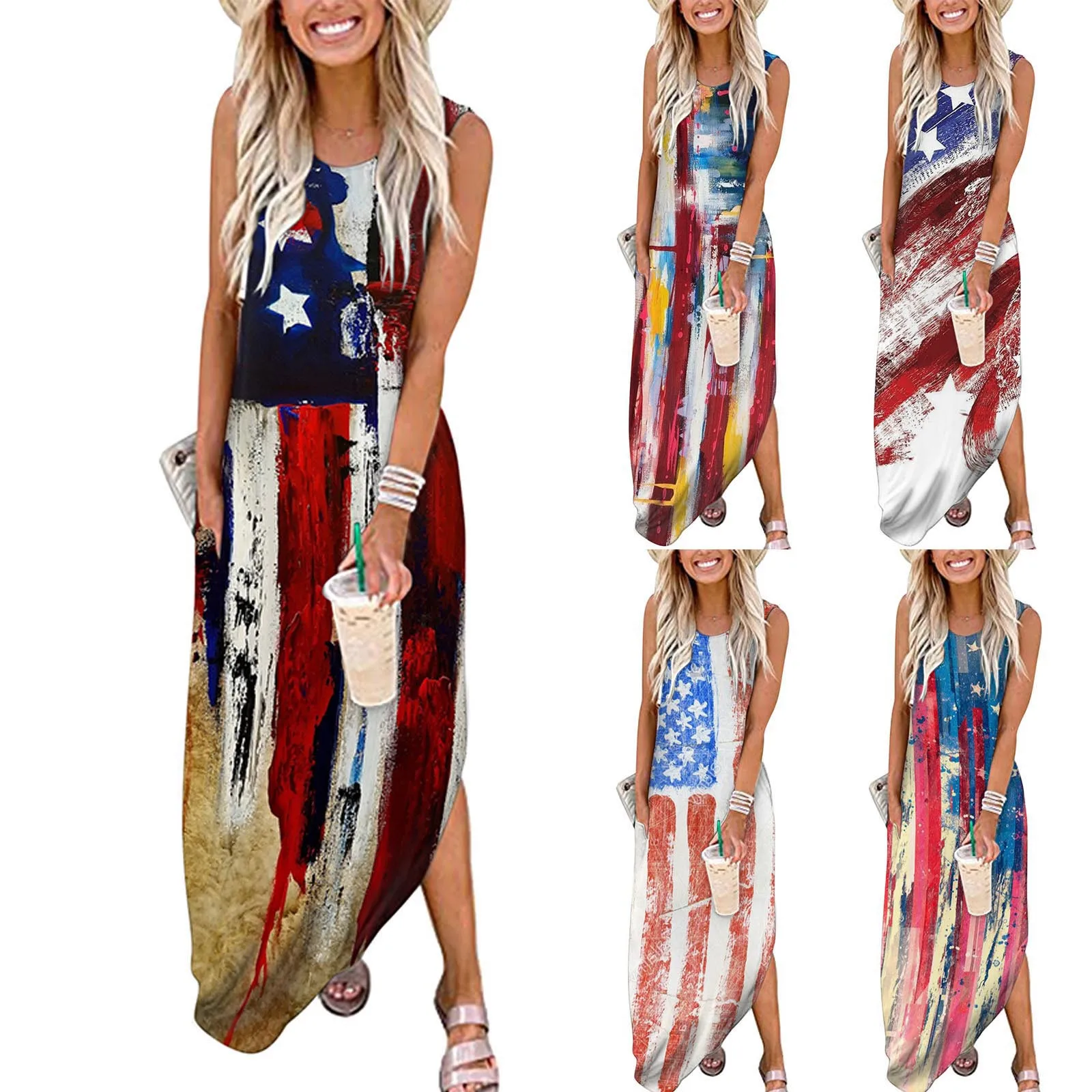 

Женские штаны свободного покроя, модные летние платья женские День Независимости, без рукавов, с принтом и О-образным воротником длинное Пл...