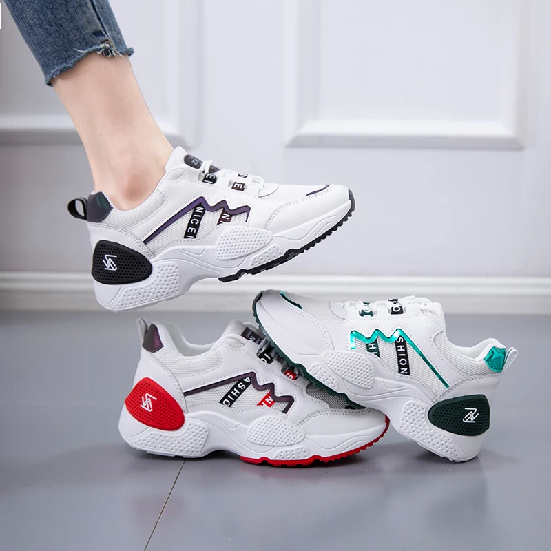 

Fashion White Sneakers for Women Lace-Up Round Toe Mid Heel Running Shoes Woman Spring New Casual Girls Platform Sneaker