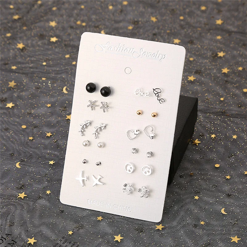

Htzzy 12 Pairs Set Stud Earrings for Women New Fashion Earrings Jewelry Geometric Stars Heart Flowers Crystal Earrings