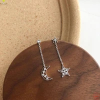 100 925 sterling silver drop earrings for women zircon star moon fine jewelry long tassel earings fashion jewelry asymmetry