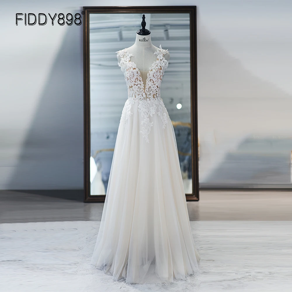 

Элегантное свадебное платье без рукавов, с глубоким V-образным вырезом, ТРАПЕЦИЕВИДНОЕ, в стиле бохо, кружевное, с бисером, свадебное платье ...