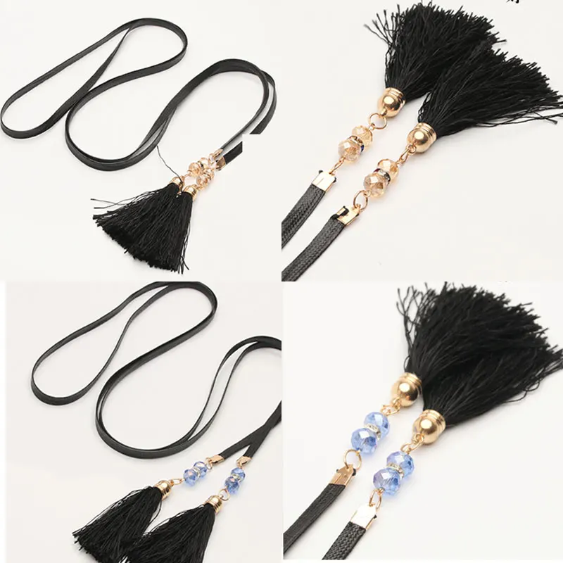 

Crystal Pendant Waist Chain Braided Waistband tassel Thin Waist Belt All-matching Dress Waist Belt Tassel Waist Rope Black Blue