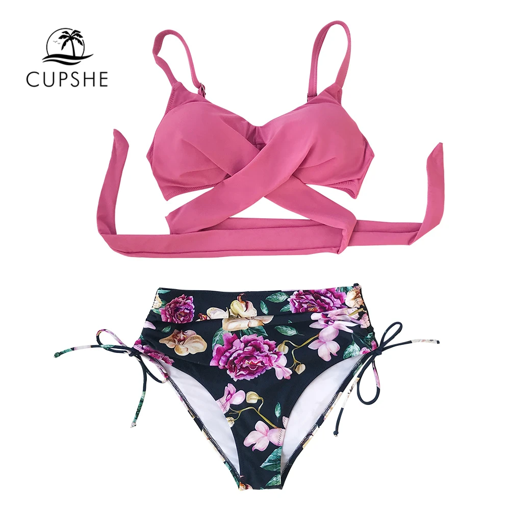CUPSHE, розовый и цветочный принт, комплекты бикини, сексуальные, на шнуровке, с мягкими чашечками, купальник, две части, купальники для женщин,, пляжные купальники