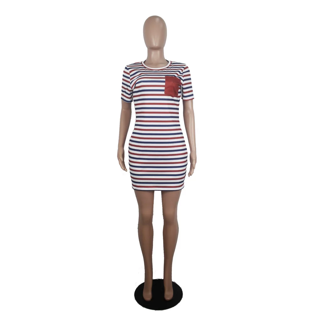 

Colorful Striped Print Sexy T Shirt Dress For Women Round Neck Short Sleeve Bodycon Dress Casual Pockets Club Party Beach Dress