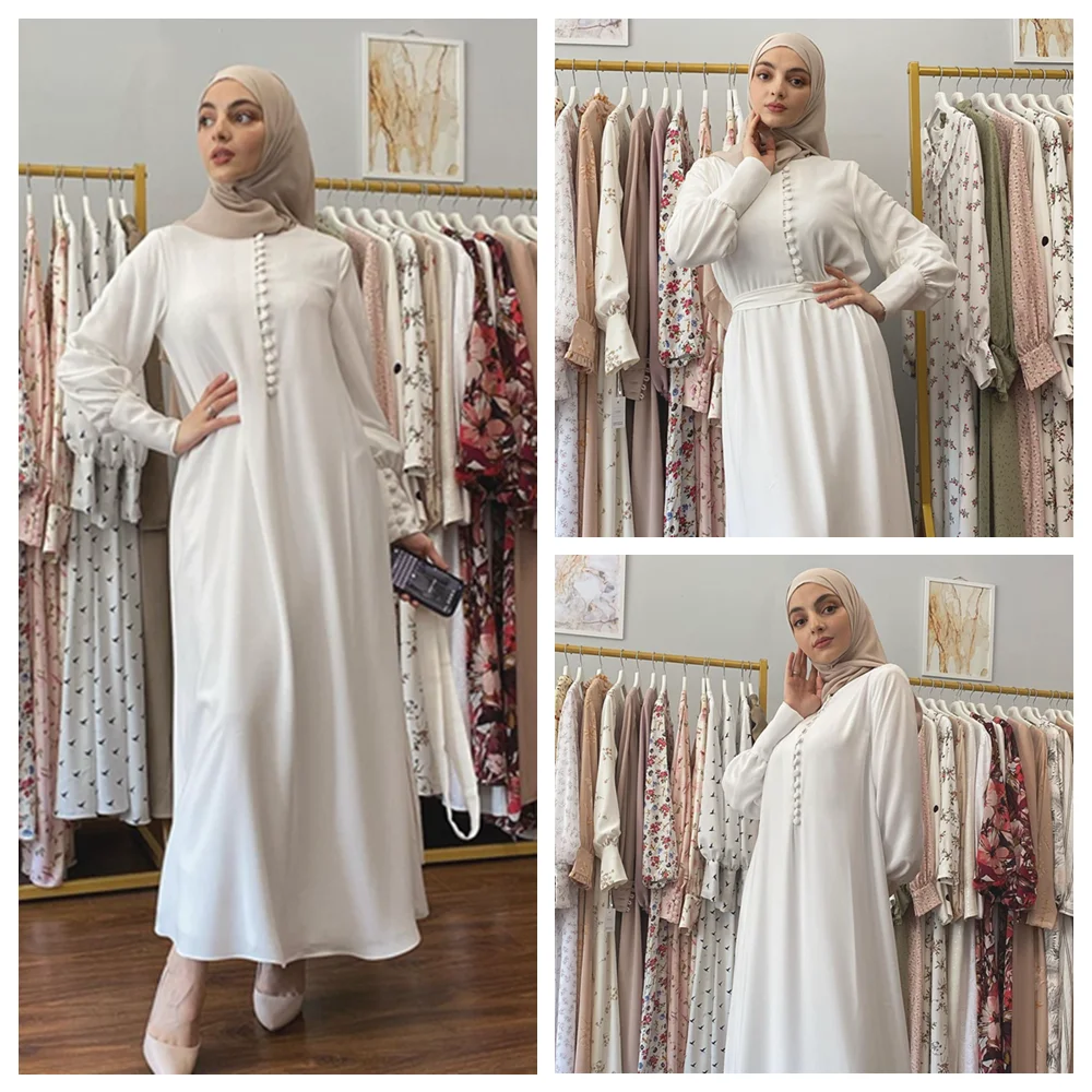 Мусульманское модное платье-хиджаб, однотонные шифоновые платья с бисером для женщин, турецкие платья, Дубай, абайя, мусульманский кафтан, д...