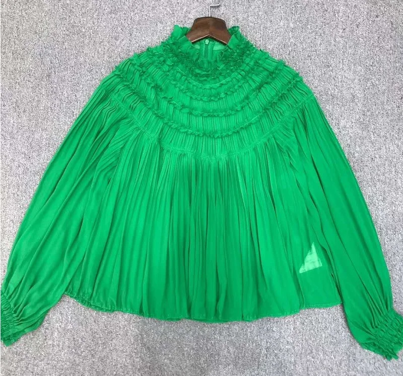 

New Fashion Designer Blouses 2020 Spring Summer Shirt Women Ruffled Collar Batwing Sleeve Pleated Casual Loose Tops Green Purple