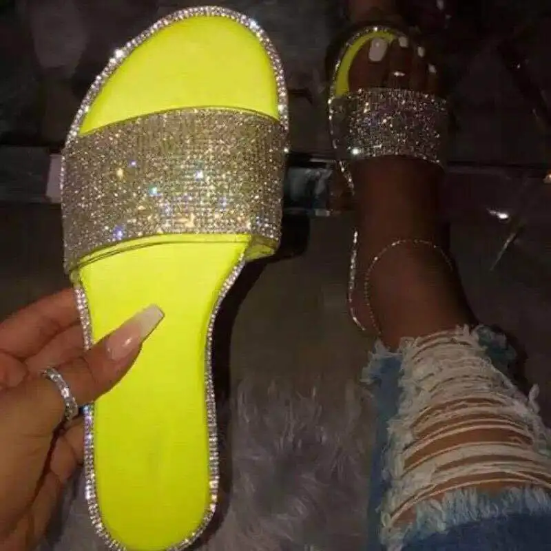

Women's Rhinestone Shiny Slippers Summer Newest Sandals Female One-line Rhinestone Slippers Flat Large Size Beach Women's Shoes