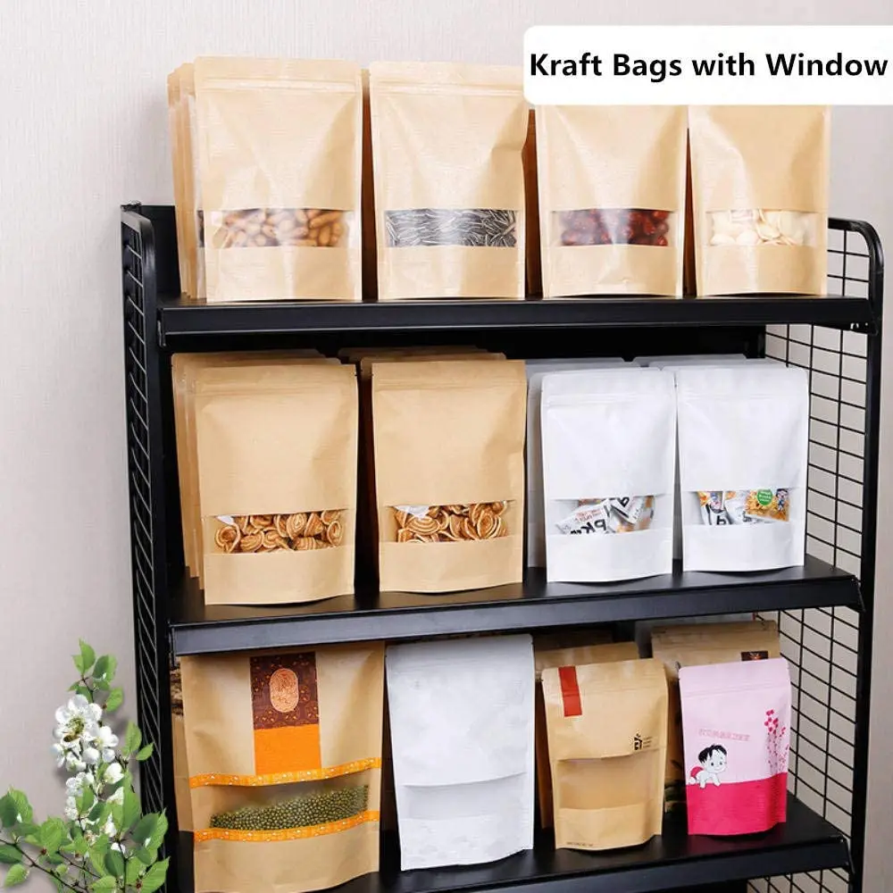 50pcs Kraft Paper Bags Zip Lock Brown With Window Stand Up Resealable Grip Ziplock Pouches Tea Coffee Bean Candy Packaging Food images - 6
