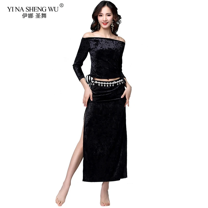 

Winter Spring Women Dance Clothing Class Wear Velvet Bodycon Off Shoulder Dress Classic Belly Dance Costume Set Top & Skirt New