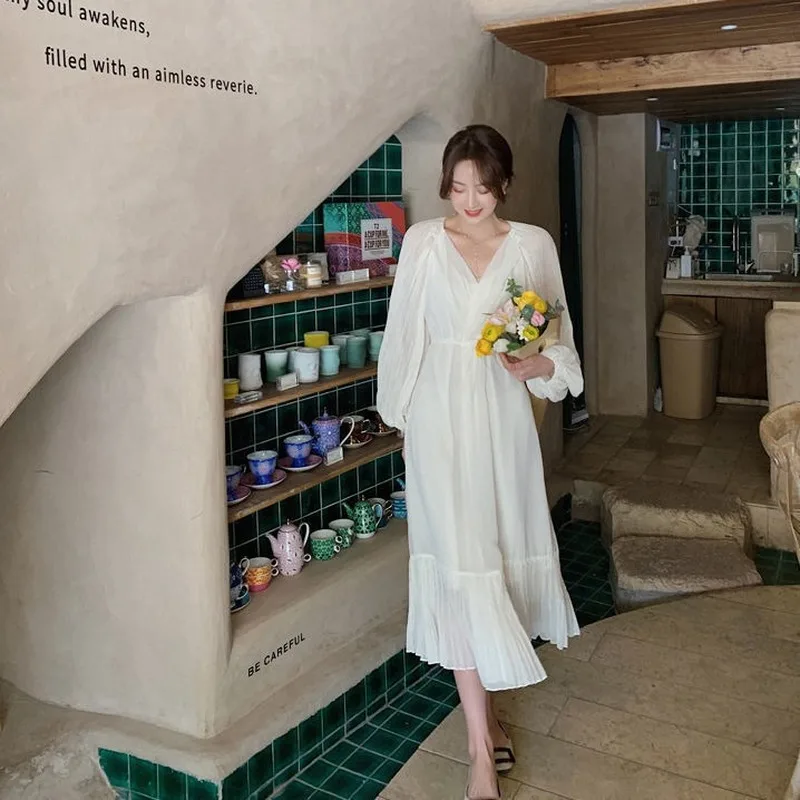 

Puff Sleeve Floral Dress Women Vintage Party Midi Dress Female V-Neck Office Lady Chiffon One Piece Dress Korea 2021 Summer Chic