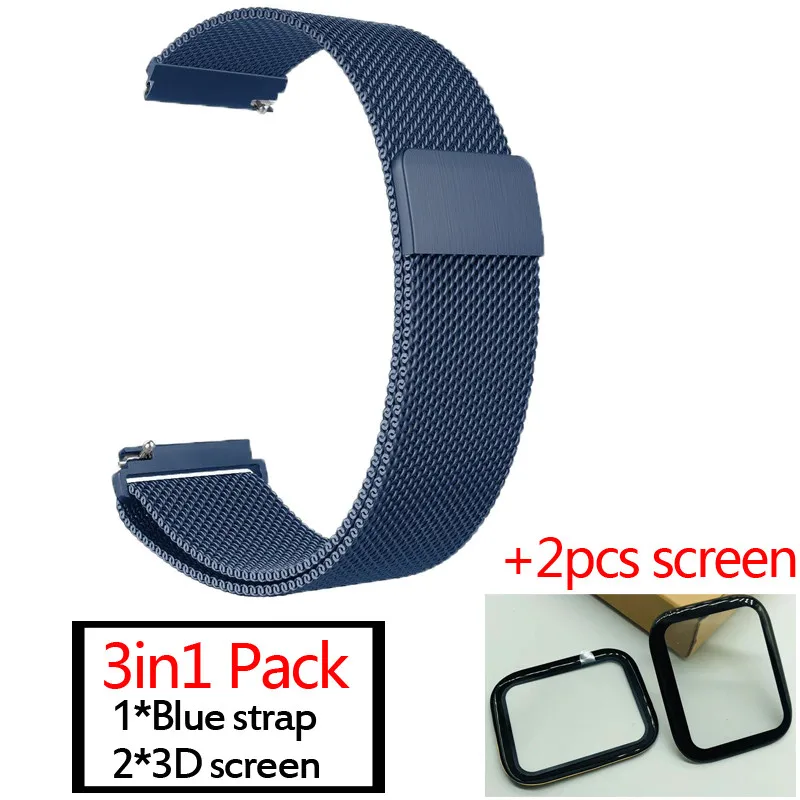 3в1 пакет ремень для Xiaomi Huami Amazfit GTS ремешок Смарт-часы ремешок Миланский Браслет из нержавеющей стали+ 2 шт 3D защита экрана - Цвет: Синий