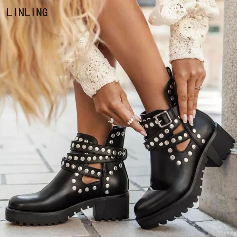 

Women Rivet Winter Boots 2021 Woman Cool Ankle Boots Ladies Mid Heels Female Comfort Non Slip Shoes Plus Size zapatos de mujer