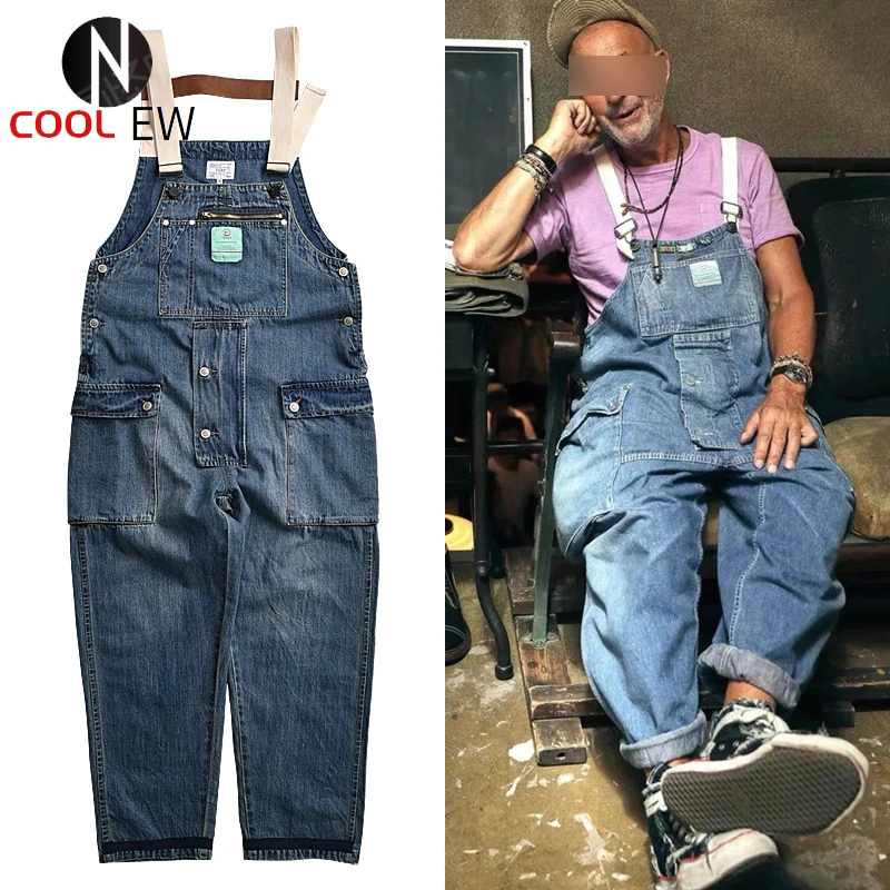 

Distressed Blue Denim Overalls Men's Work Cargo Pants Old School Easy Chic Worker Multi-Pocket Bib Trousers Men Casual Dad Jeans