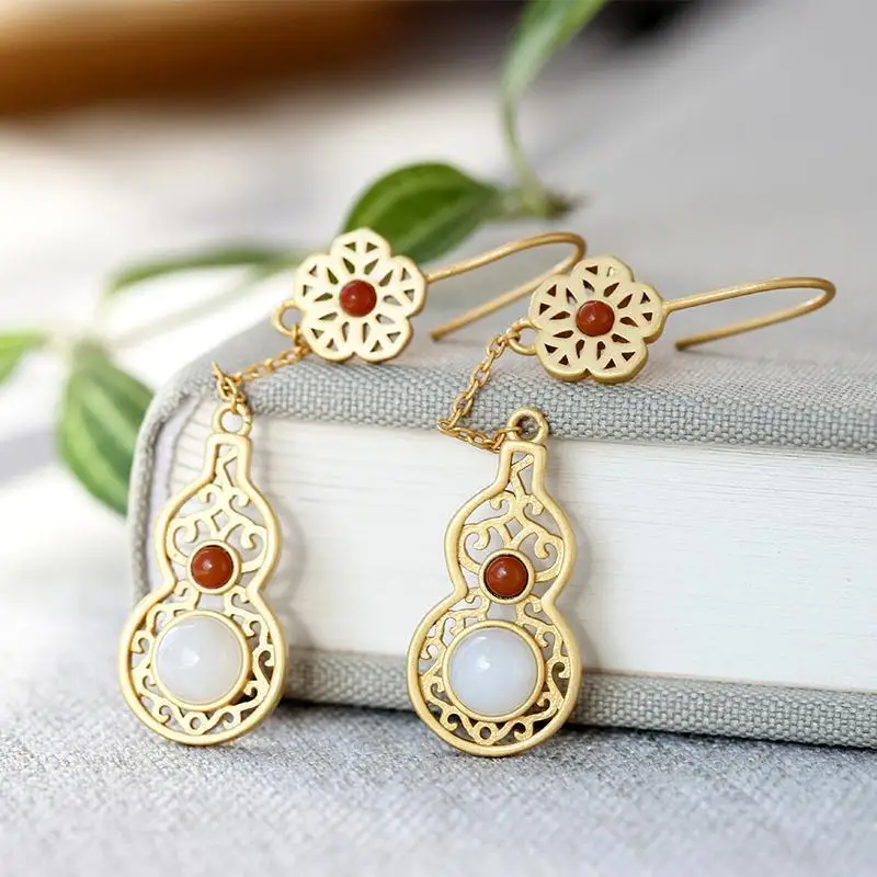 

Gourd Long Earrings Elegant Classical Gold Hetian Jade Ear Studs Women's Retro Easy Matching Exquisite S925 Sterling Silver Earr