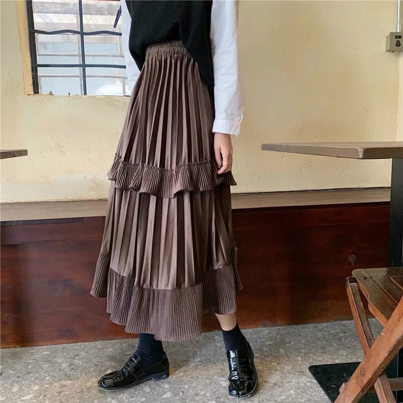 

2021 New Autumn Winter Women High Waisted Middle Long Skirts Elegant Preppy Style Sweet Ruffles Pleuche Layered Skirts Y145