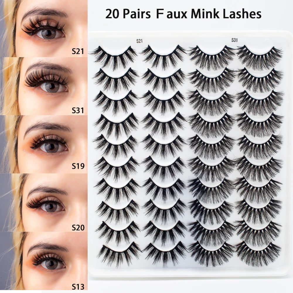 

WS 3D Faux Mink Lashes Wholesale 20 Pairs Case Natural Soft Synthetic Fake Eyelashes Makeup Wispy Feel Light Cost-Effective