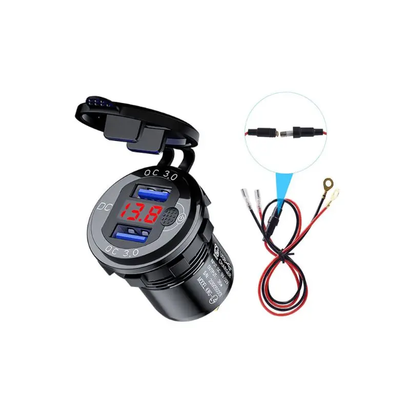 

12V 24V Aluminum Waterproof Dual QC3.0 USB Fast Charger Power Outlet LED Voltmeter Switch Cable for Car Marine Truck SUV G8TE