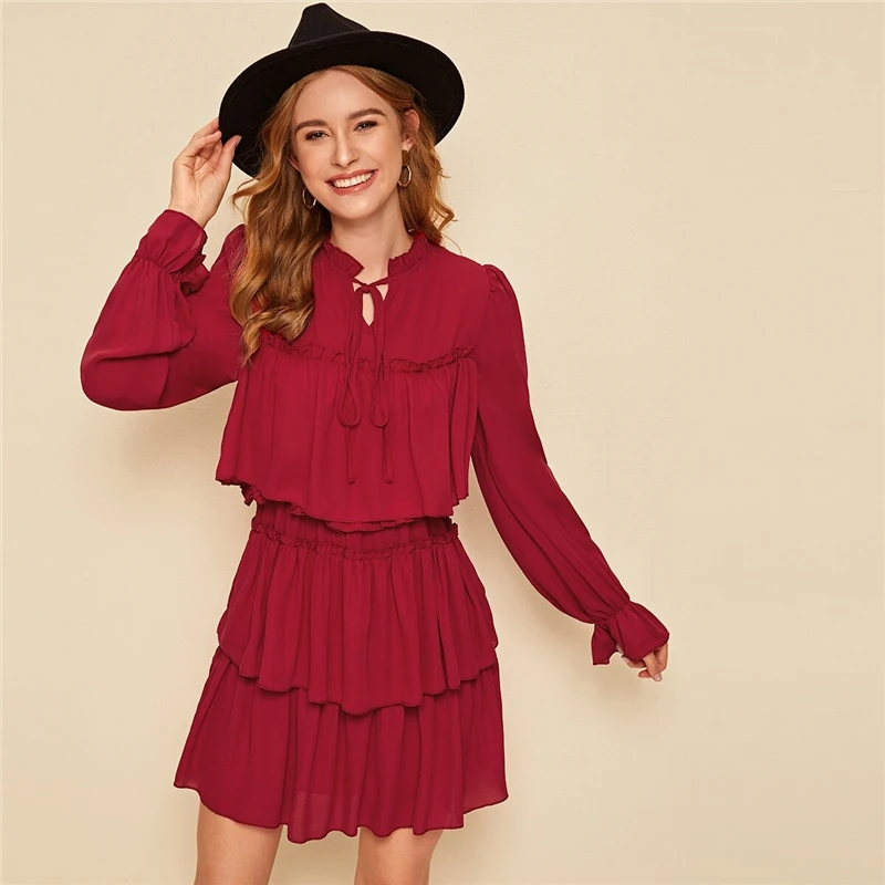 SHEIN черный оборка с завязками на шее с рюшами для девочек на вечеринки, цветок вечерние мини-платье Для женщин Осень Стенд воротник женские элегантные вечерние платья