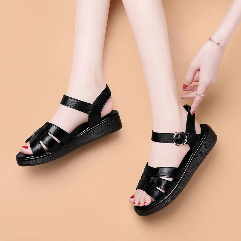 

Autuspin Concise Flat Sanndals for Women Fashion Genuine Leather Platform Chunky Heels Summer Office Lady Casual Shoes Woman