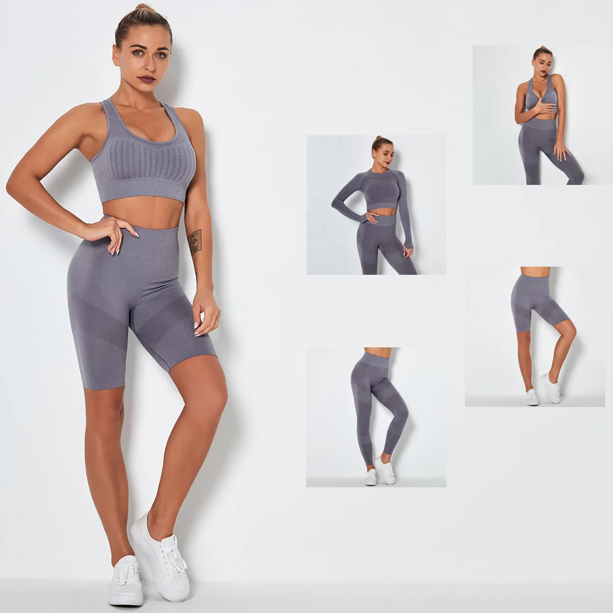 

New Explosion Seamless Knit Hollow Quick-drying Sports Yoga Set Tight Hip Fitness Suit Four Sets