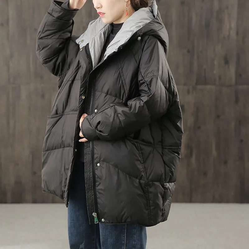 

Colorblock Hooded Down Jacket 2020 Winter Coat New Women's Light White Duck Down Coat Mid-length Fashion Oversized Overcoat y283