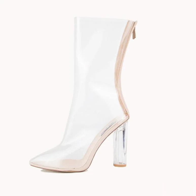 

Новые простые женские ботинки на толстом каблуке Осенние прозрачные Ботильоны на молнии с острым носком женские ботинки на высоком каблуке-шпильке большие