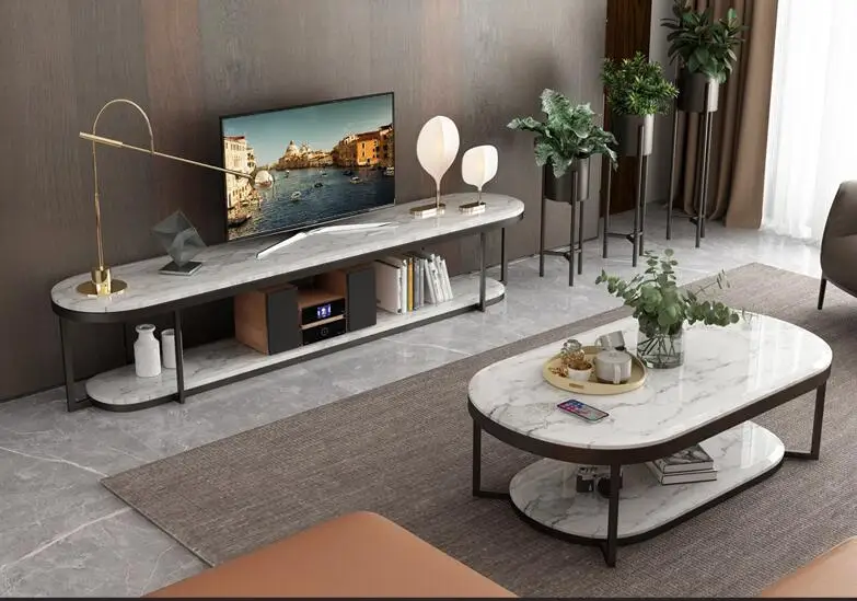 

Boreal Europe modern marble TV ark tea table combines contracted elliptic double deck TV ark tea table sitting room indoor