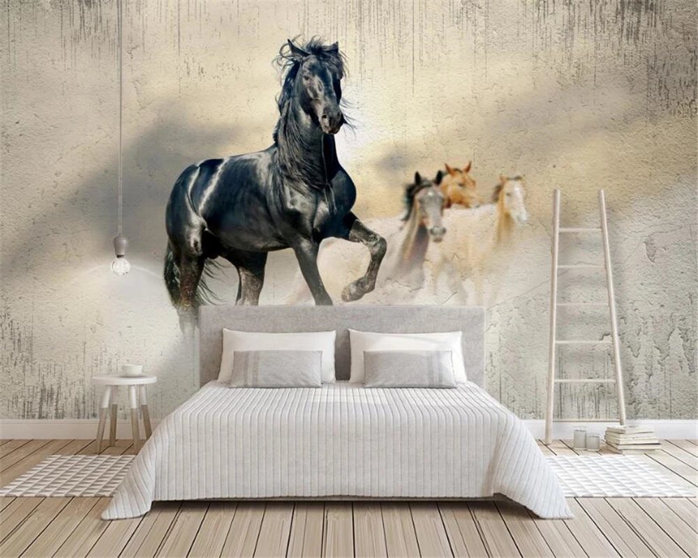 

Customized Wallpaper Running Horse Cement Wall Painting Gray Background Living Room Bedroom Decoration Painting 3d wallpaper