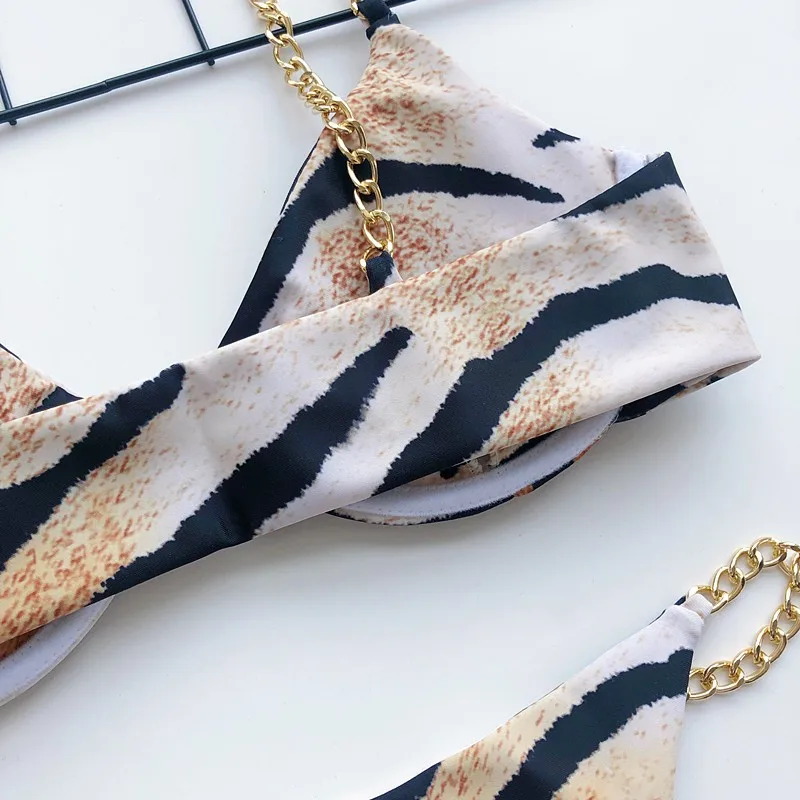 

40# Bikini Women's Leopard Print Chain Pin Buckle 2 Pieces Bikini Sexy Swimwear Personality Kpielowy Damski Biquni