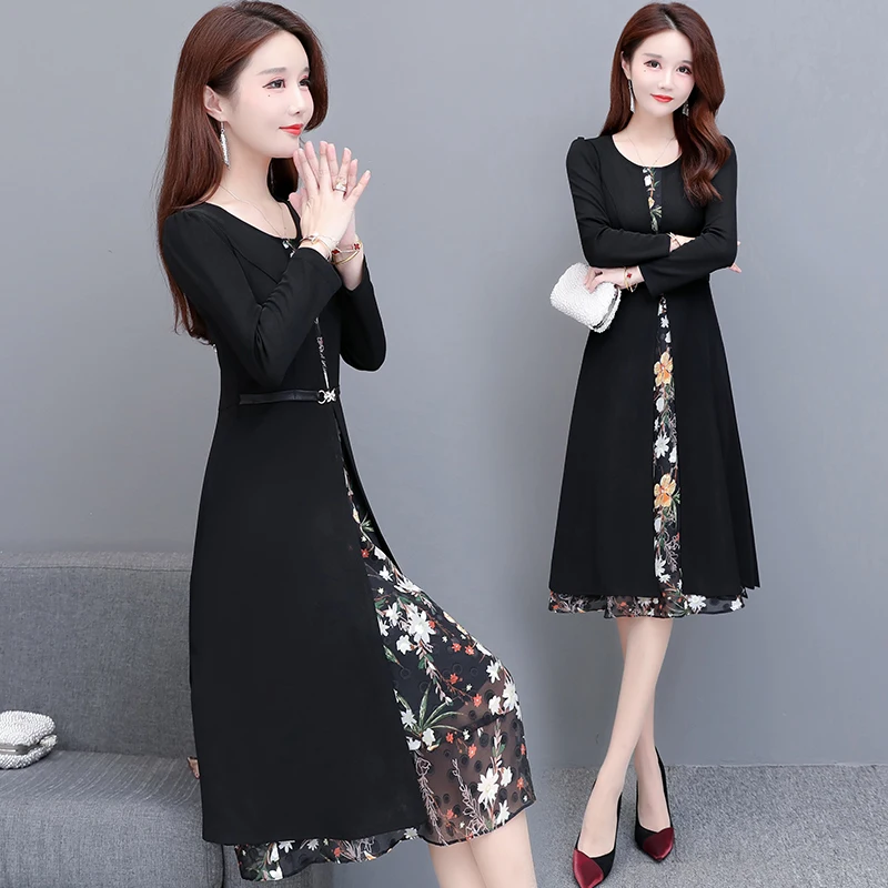 

40-year-old dress autumn dress 2020 new female style noble long sleeve stitching covering meat slim middle-aged mother skirt