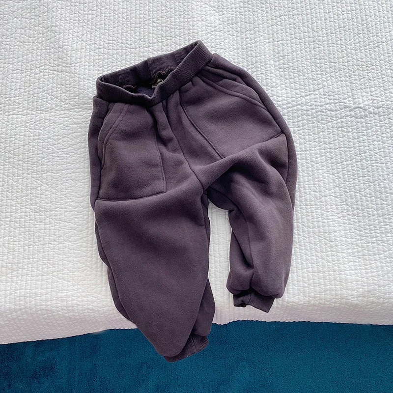

2021 Winter New Casual Pants For Boys And Girls Korean Version Of Pure Color Fleecy Cotton Baby Sports Pants