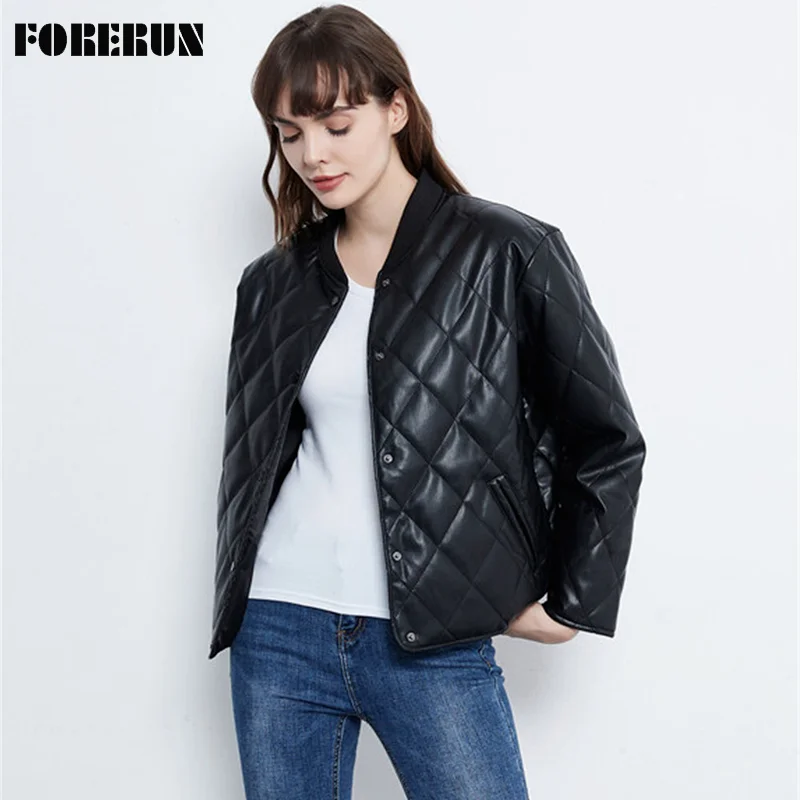 

FORERUN Jacket Women Spring PU Leather Quilted Puffer Jackets 2021 Solid Bomber Elegant Parkas Mujer