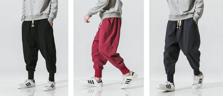 

Cotton Harem Pants Men Solid Elastic Waist 2021 New Baggy Drop-crotch Pants Casual Trousers Men
