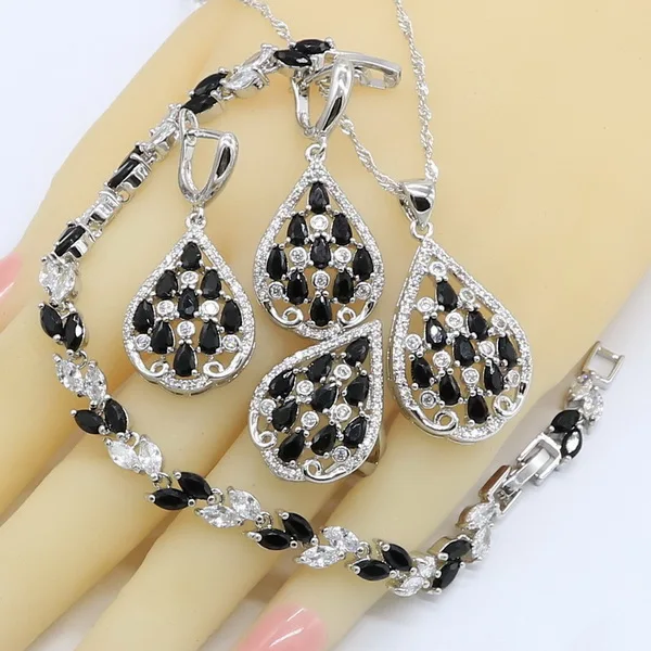 Black White Zircon 925 Silver Wedding Jewelry Sets for Women with Bracelet Earrings Necklace Pendant Ring Gift Box - Окраска металла: 4PCS with bracelet