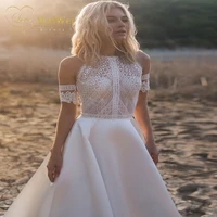 off the shoulder wedding dresses simple a line bride gowns removable sleeves o neck illusion pearl button cutout lace appliques