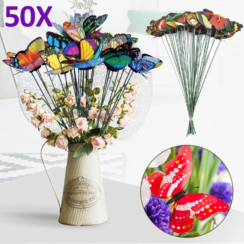

50 Pcs PVC Colorful Garden Butterflies Stakes Flowerbeds Potted Plants Window Frames Patio Butterfly Ornaments Garden Decoration