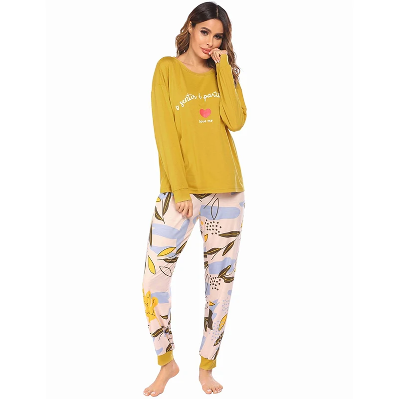 Ladies Long Sleeve Pajama Pants Sets Round Neck Long Sleeve Love Print Ladies Home Wear Set Loungewear Sleepwear Women Pijamas