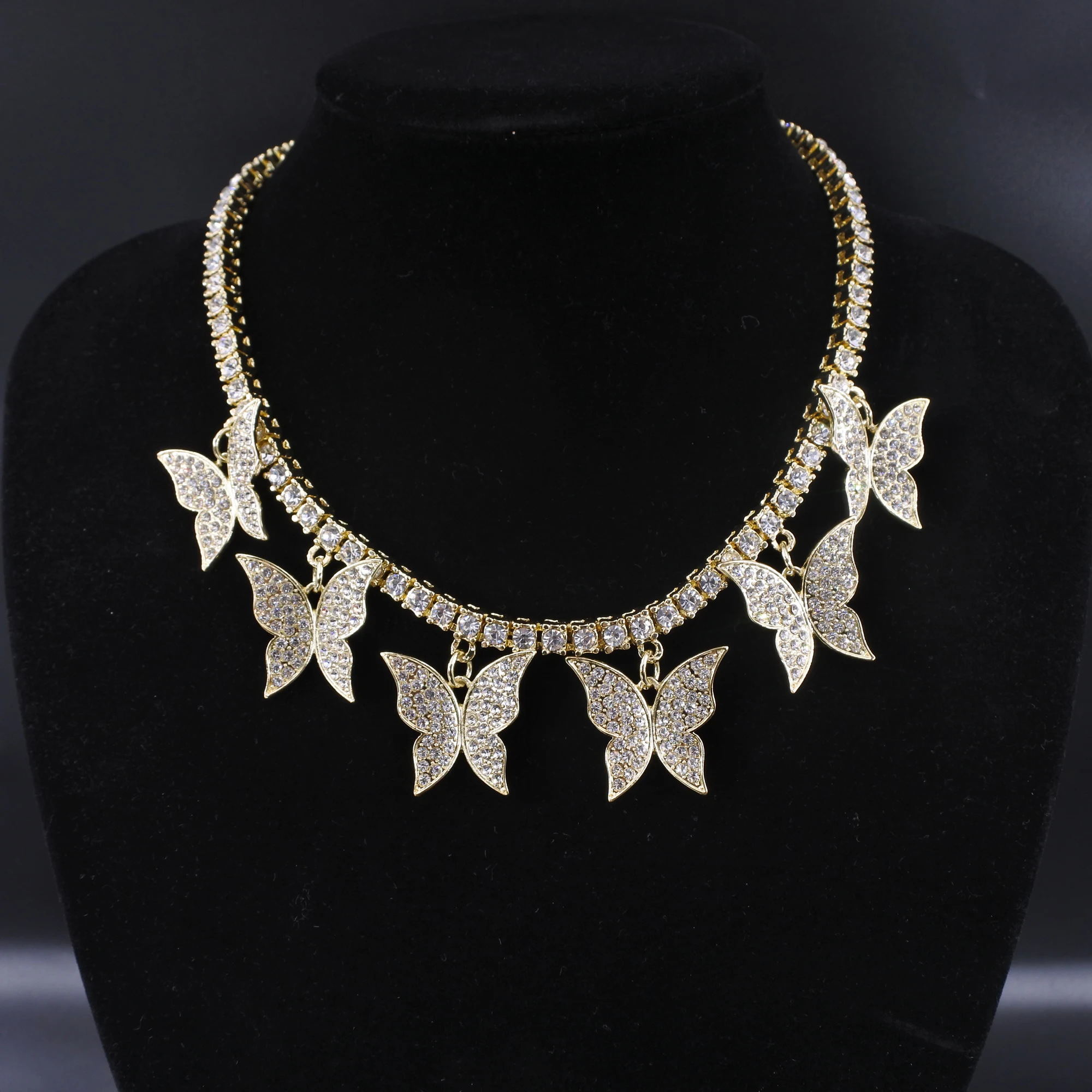 

Butterfly big charm chokers necklaces women jewelry 1 row tennis chain 16inch gold silver color bling hip hop rap rock design