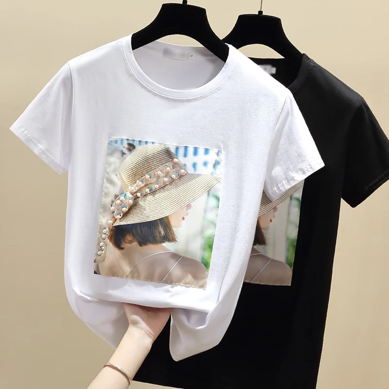 

gkfnmt 2021 Women Summer T Shirts Tops Beading T-Shirt Cotton Tshirt White Black Short Sleeve Vetement Femme Korean Clothes