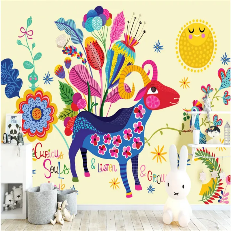 

Hand-painted Cartoon Sheep Birds 3D Children's Room Yellow Background Mural Wallpaper for Kids Room 3D Wall Papers Home Decor