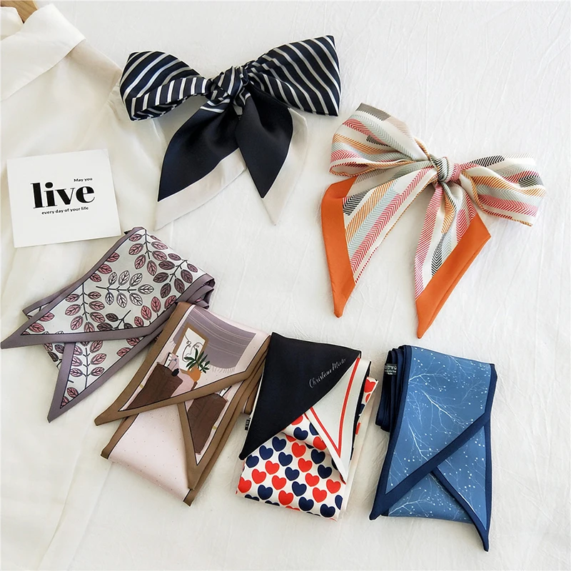 

Fashion Neck Scarf New Small Silk For Women Kerchief Print Hijab Scarfs Female Shawls And Wraps Stripe Scarves Bandana Foulard